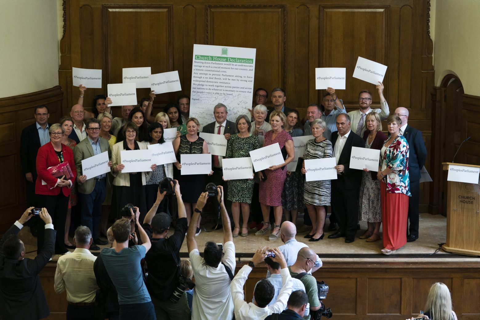 epa07797572 Cross party MPs at an event in to launch the Church House Declaration in Central London, Britain, 27 August 2019. The Church House Declaration was signed by cross party MPs which declares their intention to stop British Prime Minister Boris Johnson from suspending parliament to prevent no deal Brexit.  EPA/WILL OLIVER BRITAIN BREXIT POLITICS