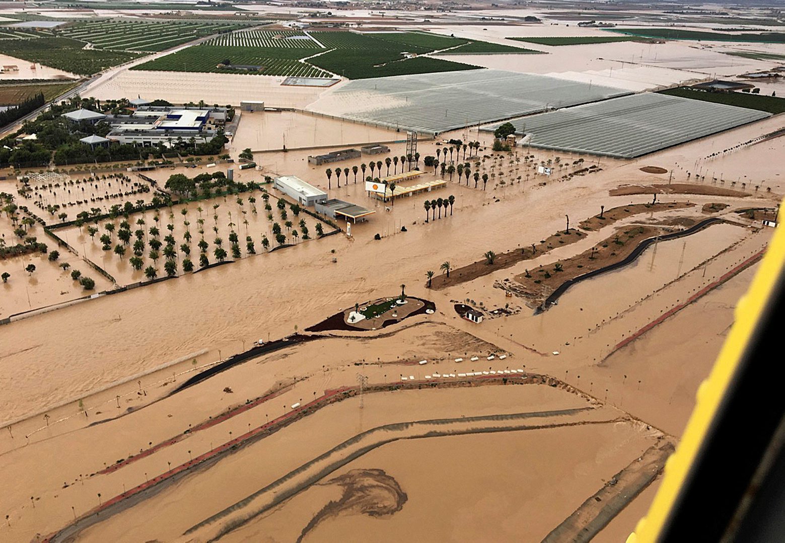 epa07839190 A handout image provided by the Security and Emergencies Bureau shows an aerial view of floods in the municipality of Los Alcazares after torrential rains in Murcia, eastern Spain, 13 September 2019. The number of victims of the 'gota fria' (cold drop) phenomenon in the Mediterranean coast has risen to three. The eastern regions of Valencia and Alicante continue under red level alert due to torrential rains while the State Meteorological Agency AEMET has reduced the alert in Murcia to orange level.  EPA/Security and Emergencies Bureau /HANDOUT  HANDOUT EDITORIAL USE ONLY/NO SALES SPAIN WEATHER
