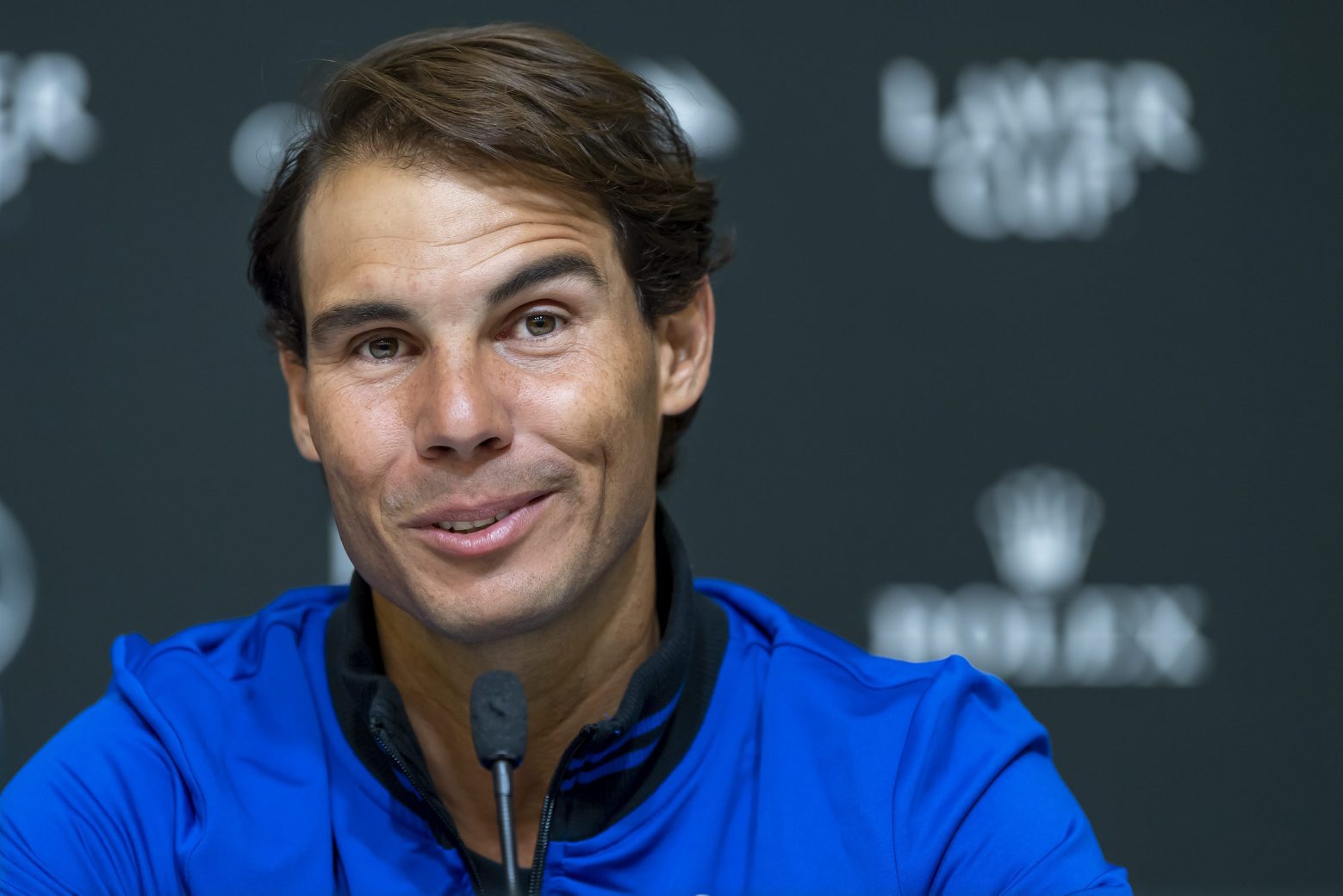 Team Europe, Rafael Nadal, speaks at a press conference during the Laver Cup in Geneva, Switzerland, Thursday, September 19, 2019. The competition will pit a team of the best six European players against the top six from the rest of the world. The Laver Cup edition is scheduled for Sept. 20-22 at the Palexpo in Geneva. The Laver Cup is named after the Australian tennis legend Rod Laver. (KEYSTONE/Martial Trezzini) SWITZERLAND TENNIS LAVER CUP PRESSE