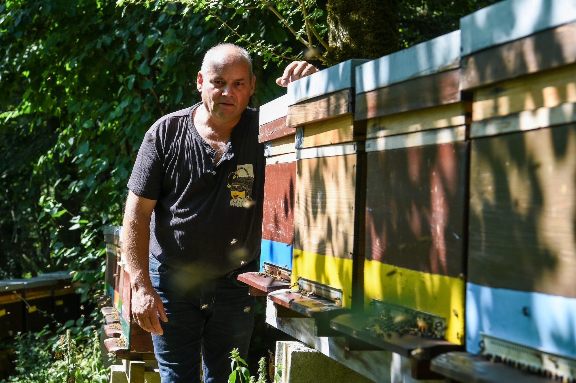Christope Bachmann à côté de l'un de ses 250 ruches.