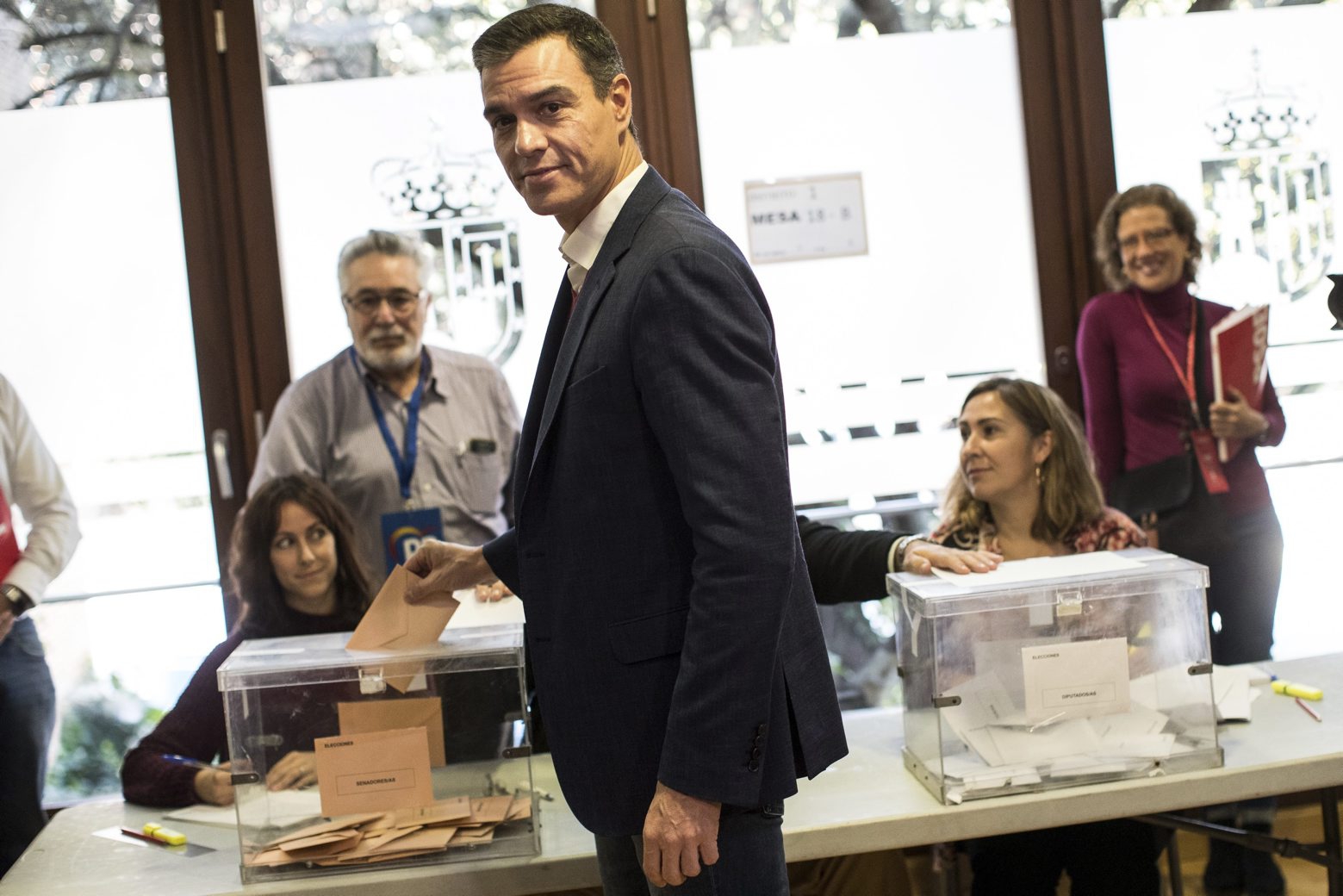 Spain's caretaker Prime Minister and socialist candidate Pedro Sanchez casts his vote for the general election in Pozuelo de Alarcon, outskirts of Madrid, Spain, Sunday, Nov.10, 2019. Spain holds its second national election this year after Socialist leader Pedro Sanchez failed to win support for his government in a fractured Parliament. (AP Photo/Bernat Armangue) Spain Election