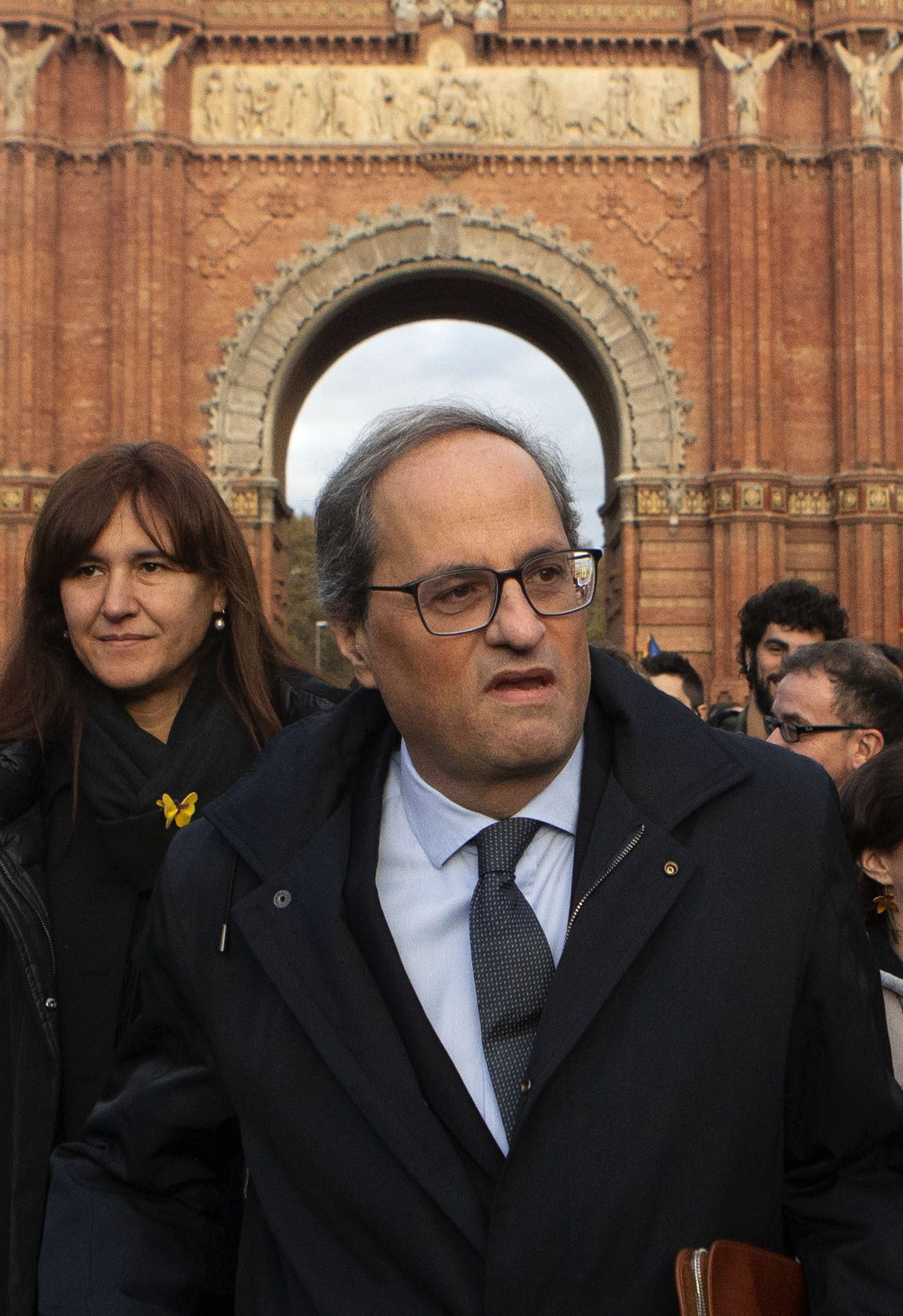 Catalan regional president Quim Torra walks to the Catalonia's high court in Barcelona, Spain, Monday, Nov.18, 2019. The pro-independence regional president of Catalonia is standing trial for allegedly disobeying Spain's electoral board by not removing pro-secession symbols from public buildings during an election campaign. (AP Photo/Joan Mateu)
Quim Torra Spain Catalonia