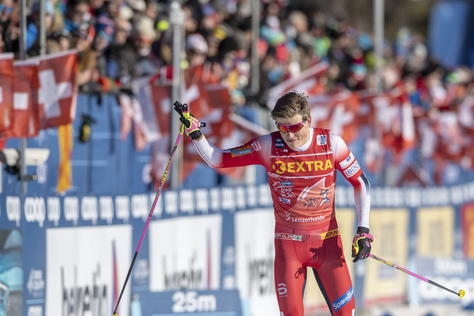 Johannes Hoesflot Klaebo from Norway at the Men's Sprint Free cross country skiing race of the FIS Tour de Ski in Lenzerheide, Switzerland, on Sunday, 29 December 2019. (KEYSTONE/Urs Flueeler). SCHWEIZ LENZERHEIDE TOUR DE SKI