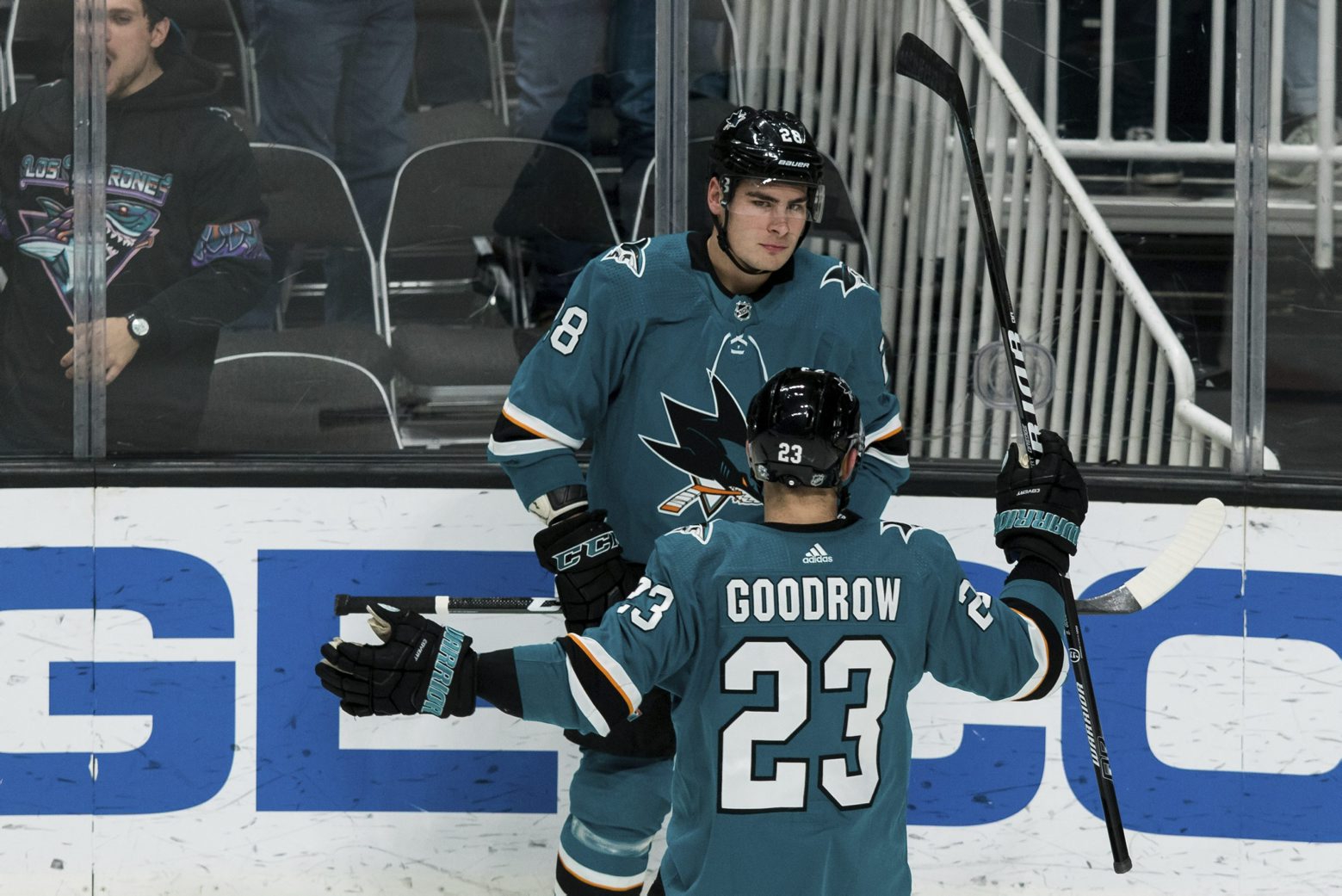 San Jose Sharks right wing Timo Meier (28) celebrates with Barclay Goodrow (23) after scoring his second goal of the night against the Philadelphia Flyers during the third period of an NHL hockey game in San Jose, Calif., Saturday, Dec. 28, 2019. The Sharks won 6-1. (AP Photo/John Hefti) Flyers Sharks Hockey