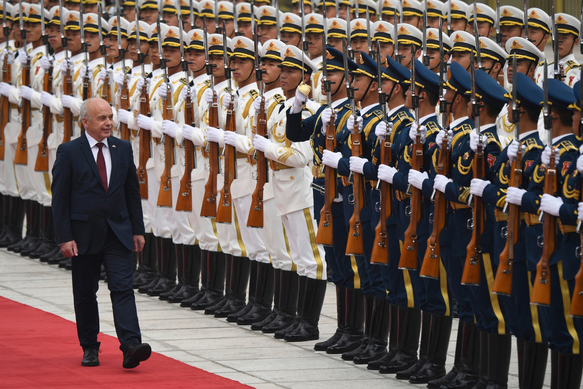 epa07535659 SwitzerlandÄôs President Ueli Maurer reviews honor guards during a welcome ceremony at the Great Hall of the People in Beijing, China, 29 April 2019.  EPA/MADOKA IKEGAMI / POOL CHINA SWITZERLAND DIPLOMACY