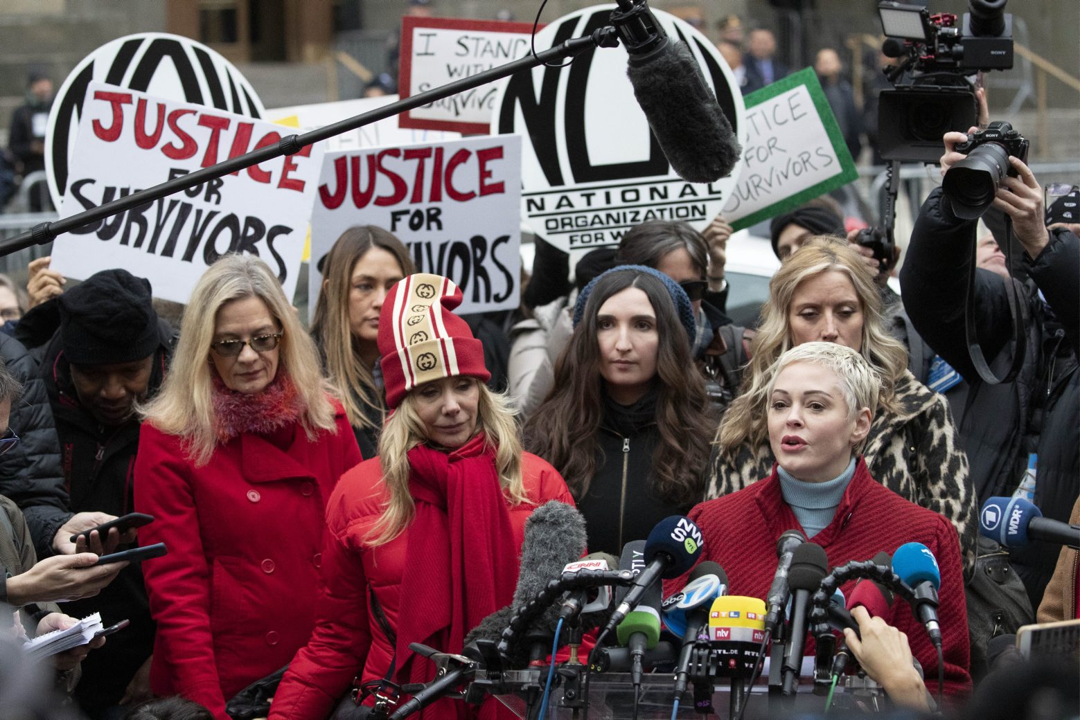 Actor Rose McGowan speaks at a news conference outside a Manhattan courthouse after the arrival of Harvey Weinstein, Monday, Jan. 6, 2020, in New York. Weinstein is on trial on charges of rape and sexual assault, more than two years after a torrent of women began accusing him of misconduct. (AP Photo/Mark Lennihan) Sexual Misconduct Weinstein