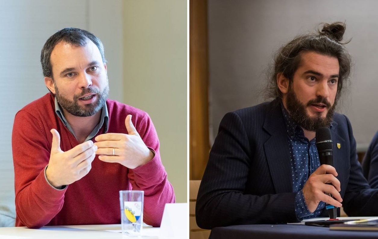 Le popiste Thomas Perret (pull rouge) et le membre de Solidarités Dimitri Paratte sont candidats au Conseil communal de Neuchâtel.