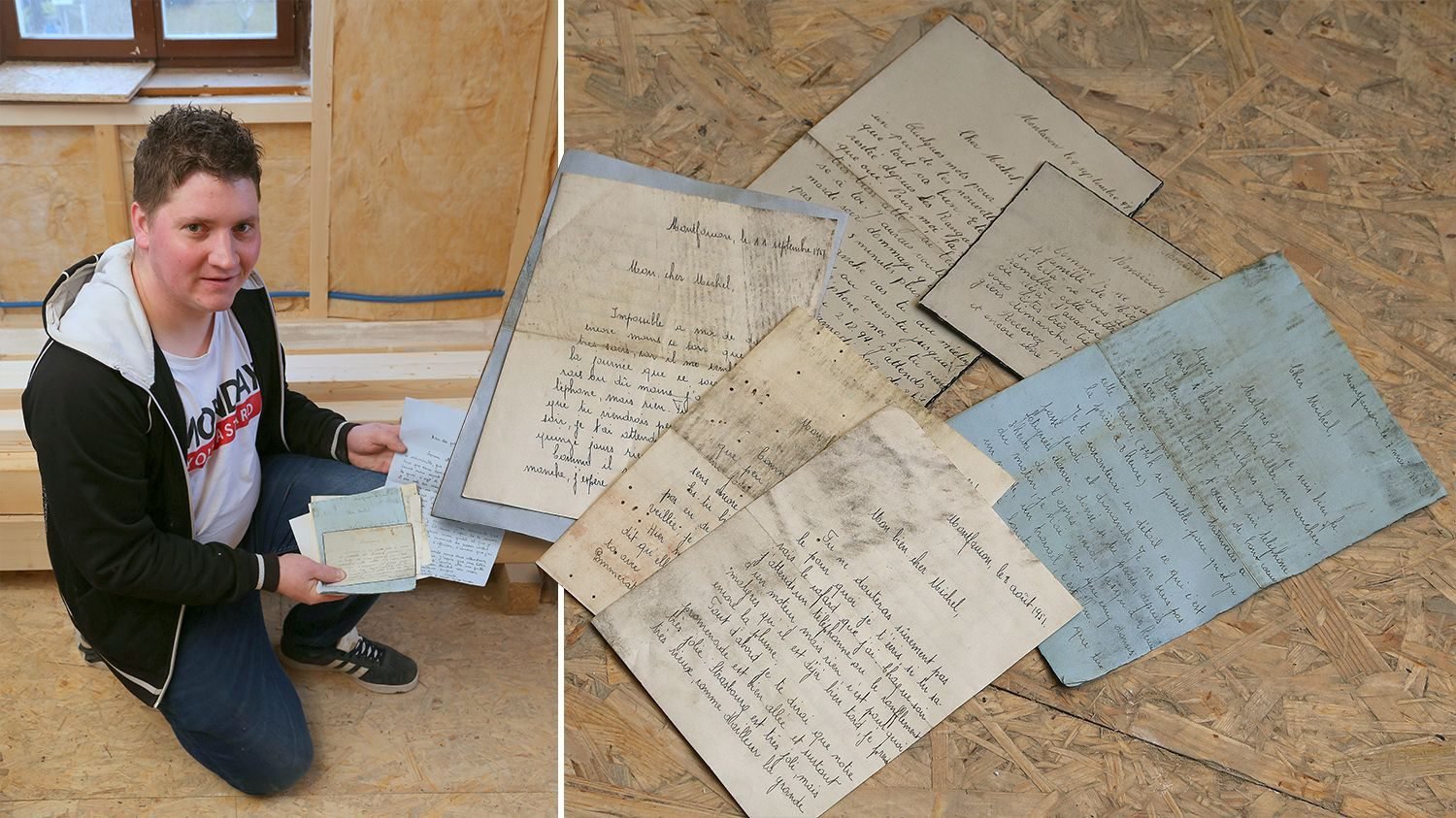 Nicolas Grillon devant le lot de vieilles lettres retrouvées sous un plancher, alors qu'il rénovait une ancienne ferme à Alle.