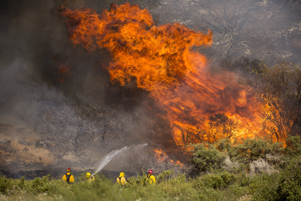 Des pompiers se battent contre l'"Apple Fire" à l'est de Los Angeles, dimanche 2 août 2020. (AP Photo/Ringo H.W. Chiu)