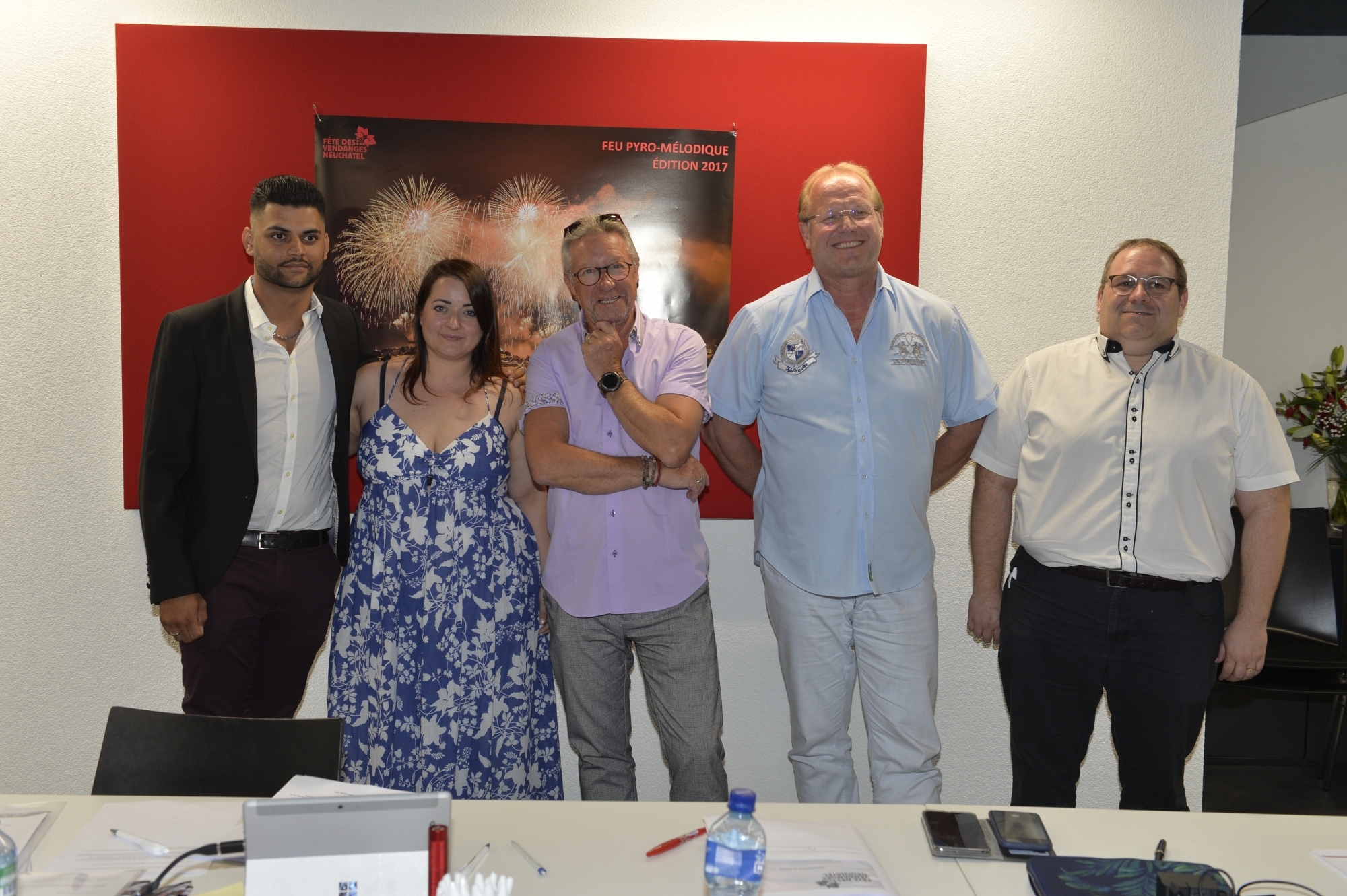 La nouvelle direction collégiale de la Fête des vendanges: Naveen Begni, Bruna Raccio, Eric Leuba, Carlo Monnat et Raphaël Sandoz.